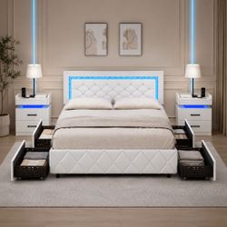 Set of 3 Queen Bed Frame with storage & LED.  2 nightstands with charger station.