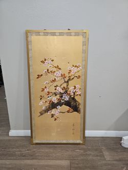 Vintage Japanese Silk Panel Painting - Hand Painted Gold Leaf Cherry Blossoms