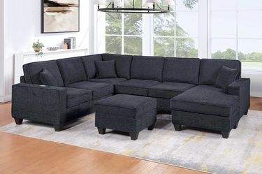 Modular Sectional w Ottoman Slate Black Chenille fabric, USB Charger, New Especial price 