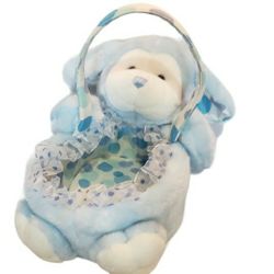 blue lamb plush easter basket with ruffle and blue  polka dots  4" deep 12" long