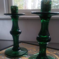 Candle Holders Heavy Glass Green 