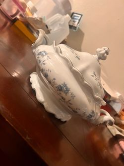 White Porcelain Soup Tureen with Blue Floral Pattern