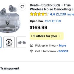 Beats Studio Buds - True Wireless Noise Cancelling Earbuds (Transparent) - $100
