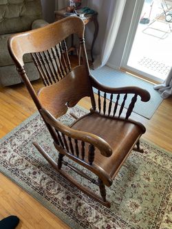 Solid Antique OAK Nursery Rocking Chair - Press Back Detail