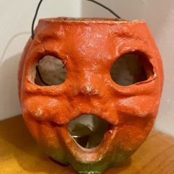 Antique Pulp Paper Mache pumpkin Candy Pail 1940s 