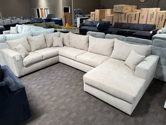 Large Beige Fabric Sectional Sofa with Chaise