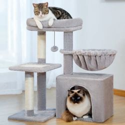 28" Small Cat Tree Tower Cat Condo with Perch Cat Scratching Post for Indoor Cats, Gray