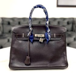 Hermes Birkin 35 Chocolate Epson Handbag with Twilly 