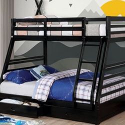 Brand New Black Twin Over Full Bunk Bed w Trundle Drawers