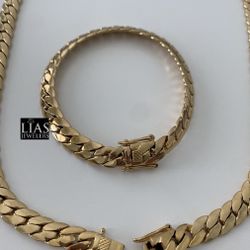 New 18k Yellow Gold Cuban Link Chain And Bracelet 