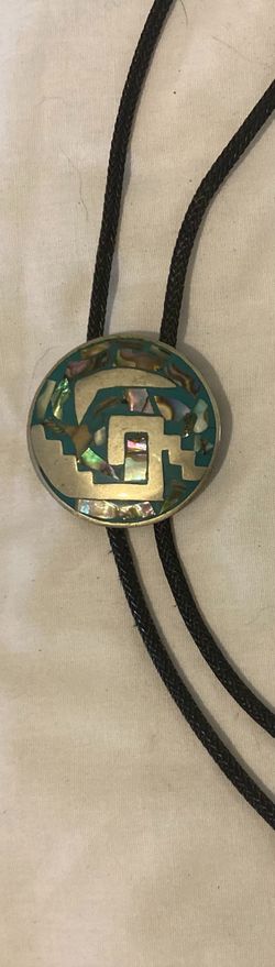Vintage Metal Bolo Tie, Nice Alpaca Silver and Abalone Design, Nice Native Design, Nice Western Design,  1 3/4" x 1 3/4", Quality, Heavy Duty, Country