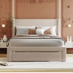 Beige Elegant Velvet Upholstered Storage Platform Bed with Big Drawer, Headboard