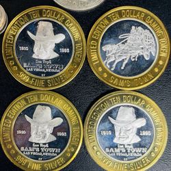 ♥️♦️♣️Las Vegas Casino Silver .999 Poker Chips 10 Dollar Token 0.6 Oz Center