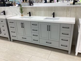 84” bathroom vanity cabinet new solid wood fully assembled Softclose drawers doors Quartz top 2 sinks attached ready for pick up today
