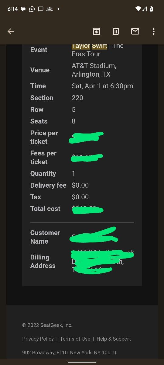 Taylor Swift Ticket Sat. Apr 1st