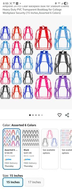 Amylove 24 Pcs Clear Backpack bulk for Stadium Events Heavy Duty PVC Transparent Bookbag for College Workplace Security (15 Inches,Assorted 6 Colors)