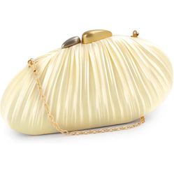 Gold Satin Clutch Evening Bag for Women – Elegant Pleated Wedding Party Purse with Chain Strap,Formal Handbag 