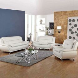 White Leather Modern Style Three Piece Couch Set 