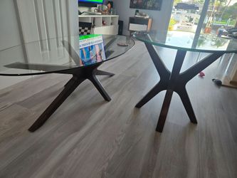 Mid-Century Style Walnut & Glass "Jacks" Coffee Table & End Table Set