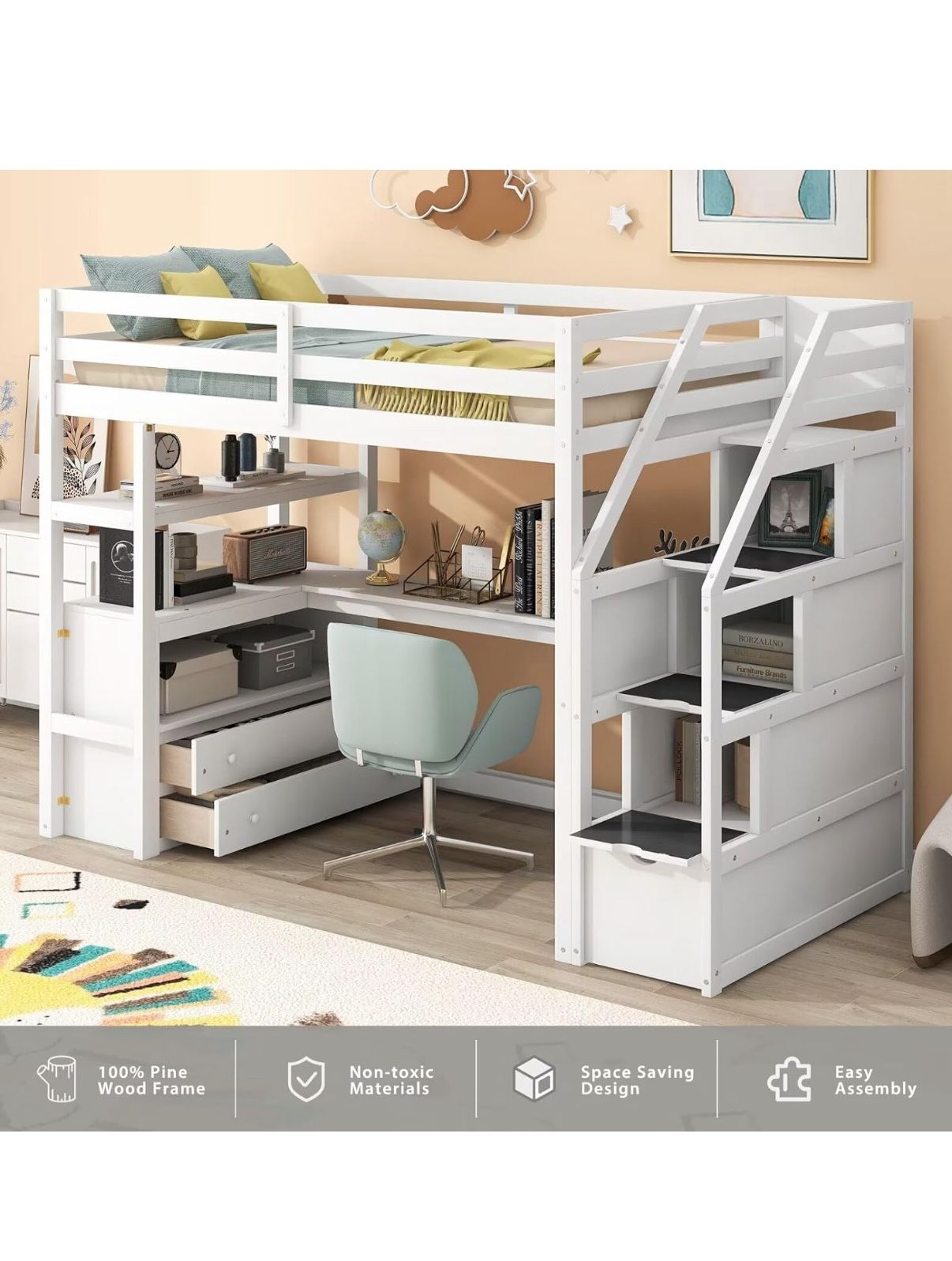 Merax Twin Loft Bed with Stairs and Desk, Solid Wood Loft Bed with Storage Stairs, Stairway High Loftbed Frame with Storage Steps for Kids Teens Junio