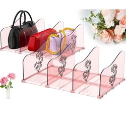 2-Pack Rose Purse Organizers for Closet, Adjustable Large Shelf Divider Rack, Clear Pink Handbag Storage Organizer, Plastic Bookshelf Separator Divide