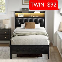 Twin Bed Frame with Storage Headboard & Footboard Upholstered Platform Bed with LED Lights USB Ports & Outlets Non-Slip Without Noise Strong Metal Sla