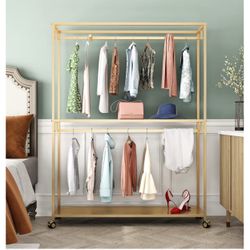 Gold Clothes Racks Free-Standing, Gold Clothing Rack with Shelves for Boutiques, Heavy Duty Garment Rack for Hanging Clothes, Large Wardrobe Closet(On