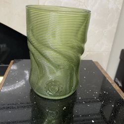 Mid-Century Twisted Green Ribbed Vase w/ Embossed V Logo 6.25”