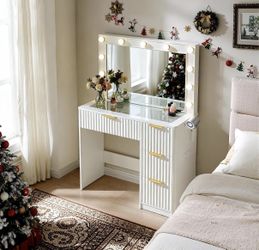 NEW! Makeup Vanity with LED Lights and Large Mirror, Glass Top Vanity Desk with Power Outlet and Hairdryer Holder, Dressing Table with Storage Drawers