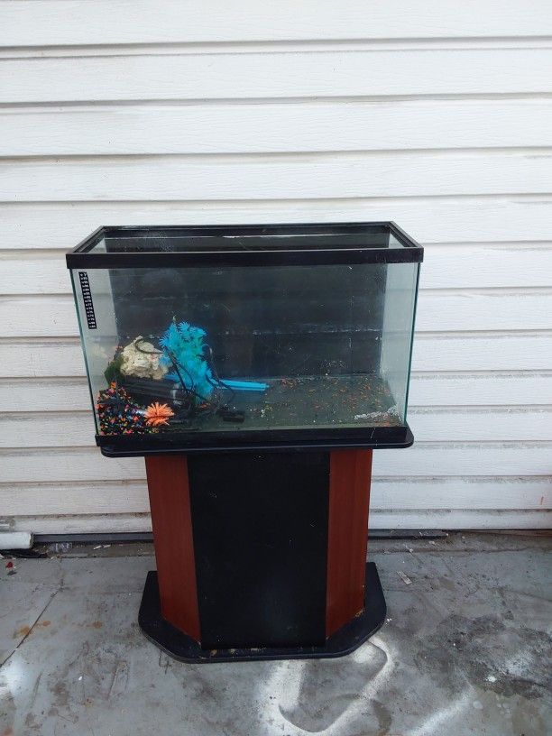 30 Gallon Fish Tank. Aquarium  And Coral Rock And Black Light.   Table Stand Is Included 