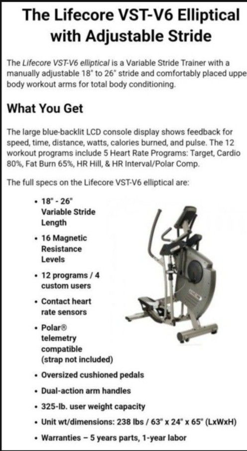 Elliptical LifeCore VST V6