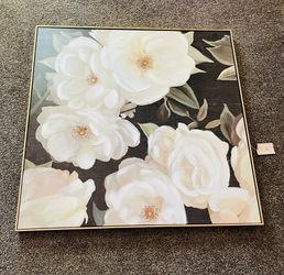 Framed Floral Print Wall Art, White Flowers, Horizontal, Beige/Gray