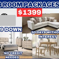 NEW 3 ROOM PACKAGE DEAL- BED MATTRESS DINING ROOM SECTIONAL SOFA AND FINANCING JUST $54 Down