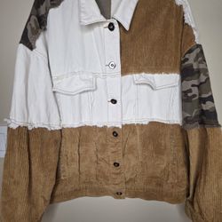 CATO Women's Denim Cordiroy Camo Jean Jacket In Cream Brown Green Size XL 