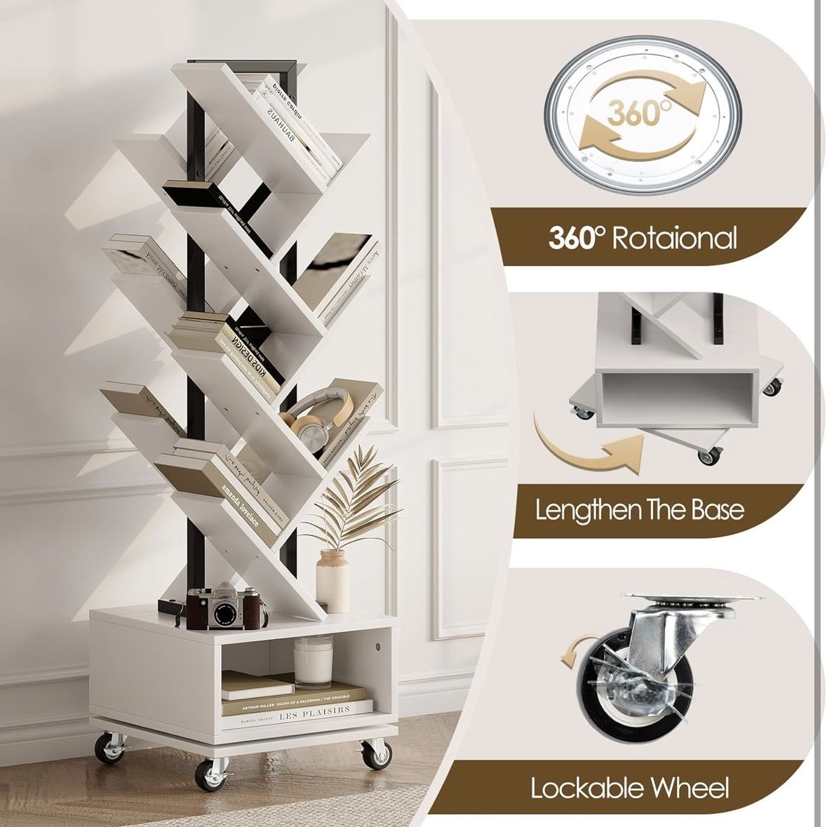 7 Tier Tree-Shaped Rotating Bookshelf, Double Sided, Small Bookcase