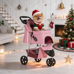 3-Wheels Foldable Pet Stroller with Waterproof Cover, Pet Strolling Cart for Small/Medium Dogs and Cats with Storage Basket and Cup Holder, Breathable