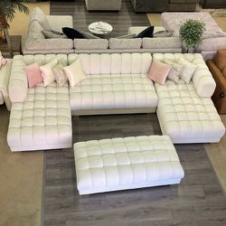 Lipa Ivory Velvet Double Chaise "U" Shape Sectional Sofa + Ottoman ⭐ Online Shopping ⭐Delivery⭐ Financing ⭐ Brand New 