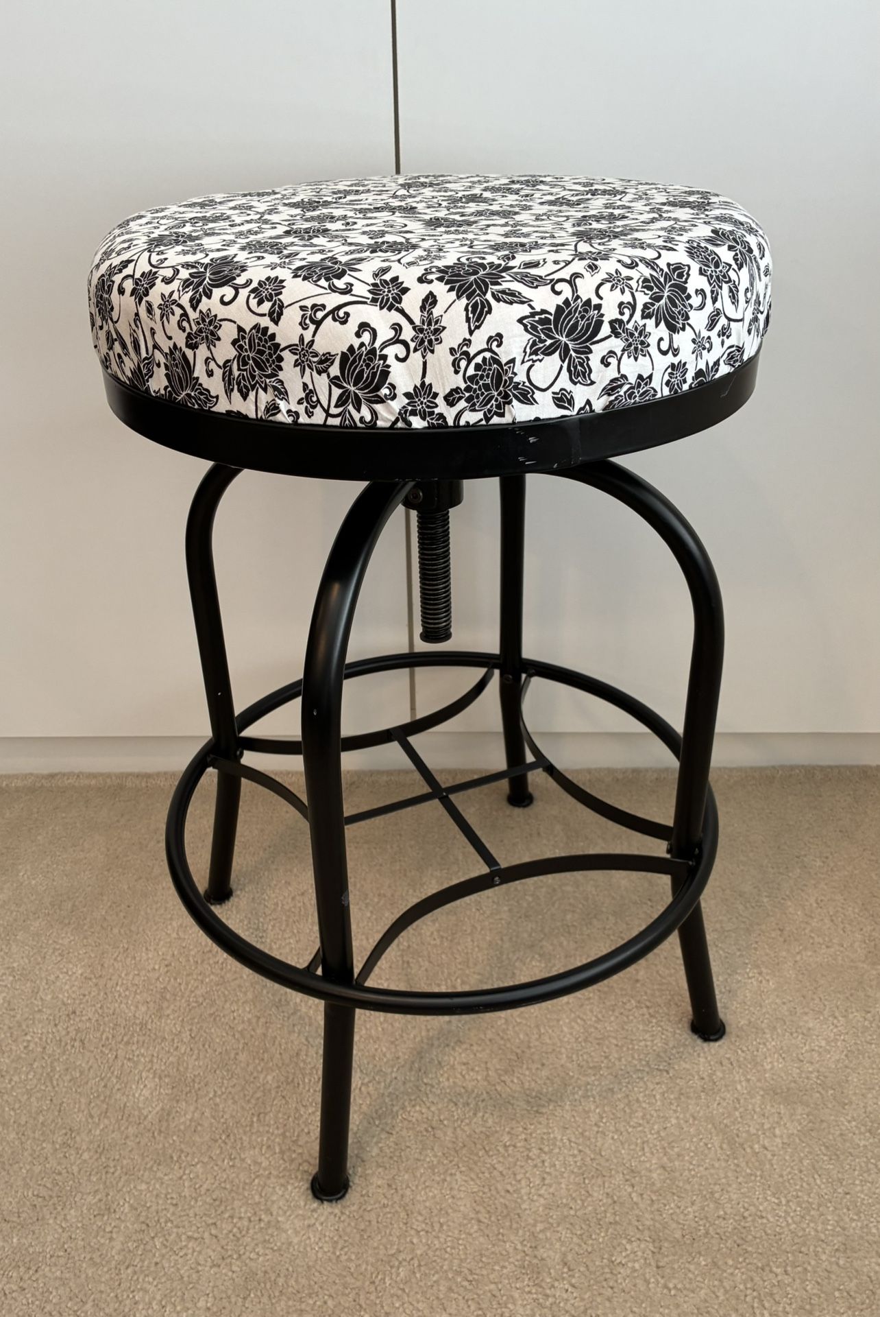 Black & White Floral Cushioned Backless Adjustable Swivel Stool