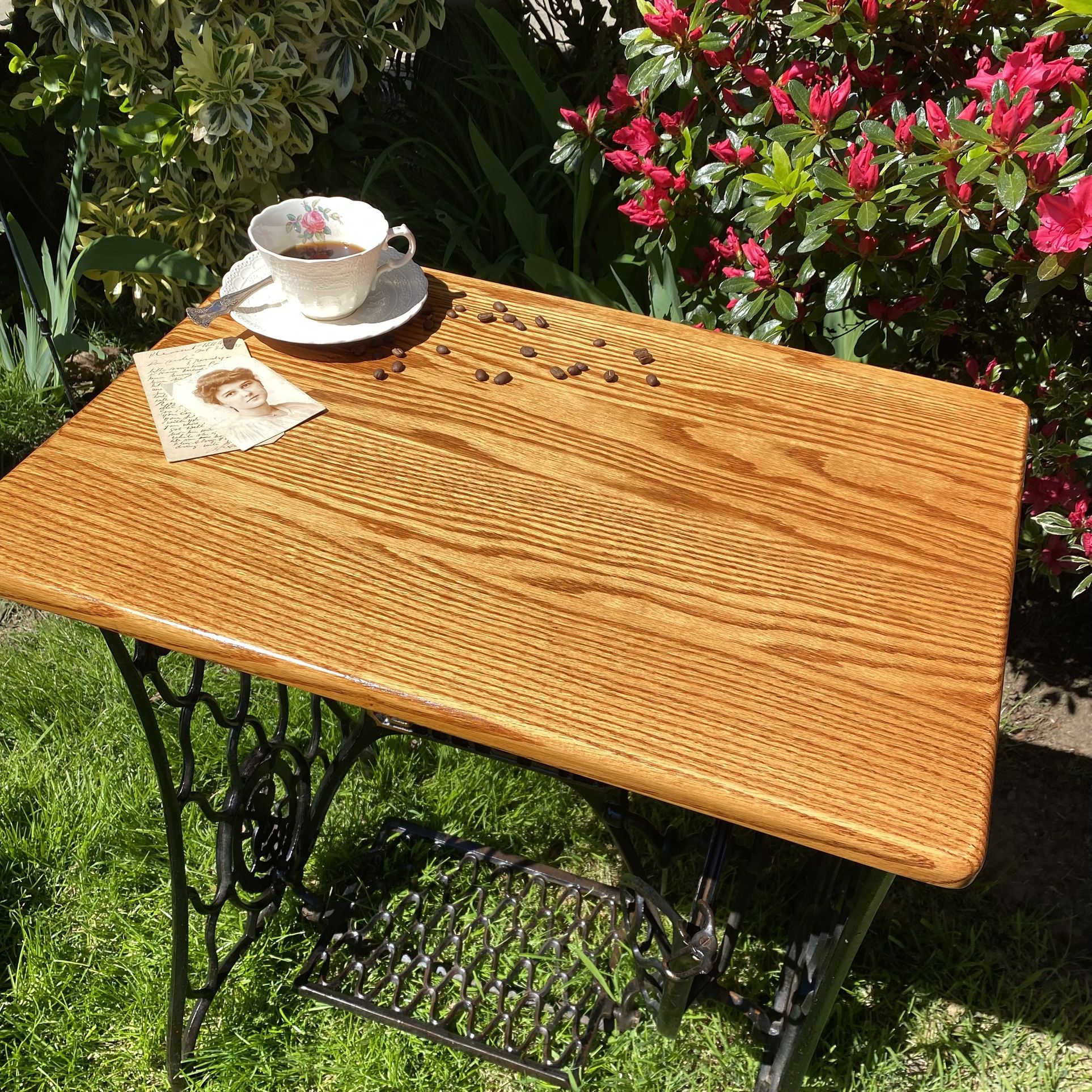 NOW $125!! Early 1900s vintage antique solid, cast-iron, treadle sewing machine stand with refinished solid oak top