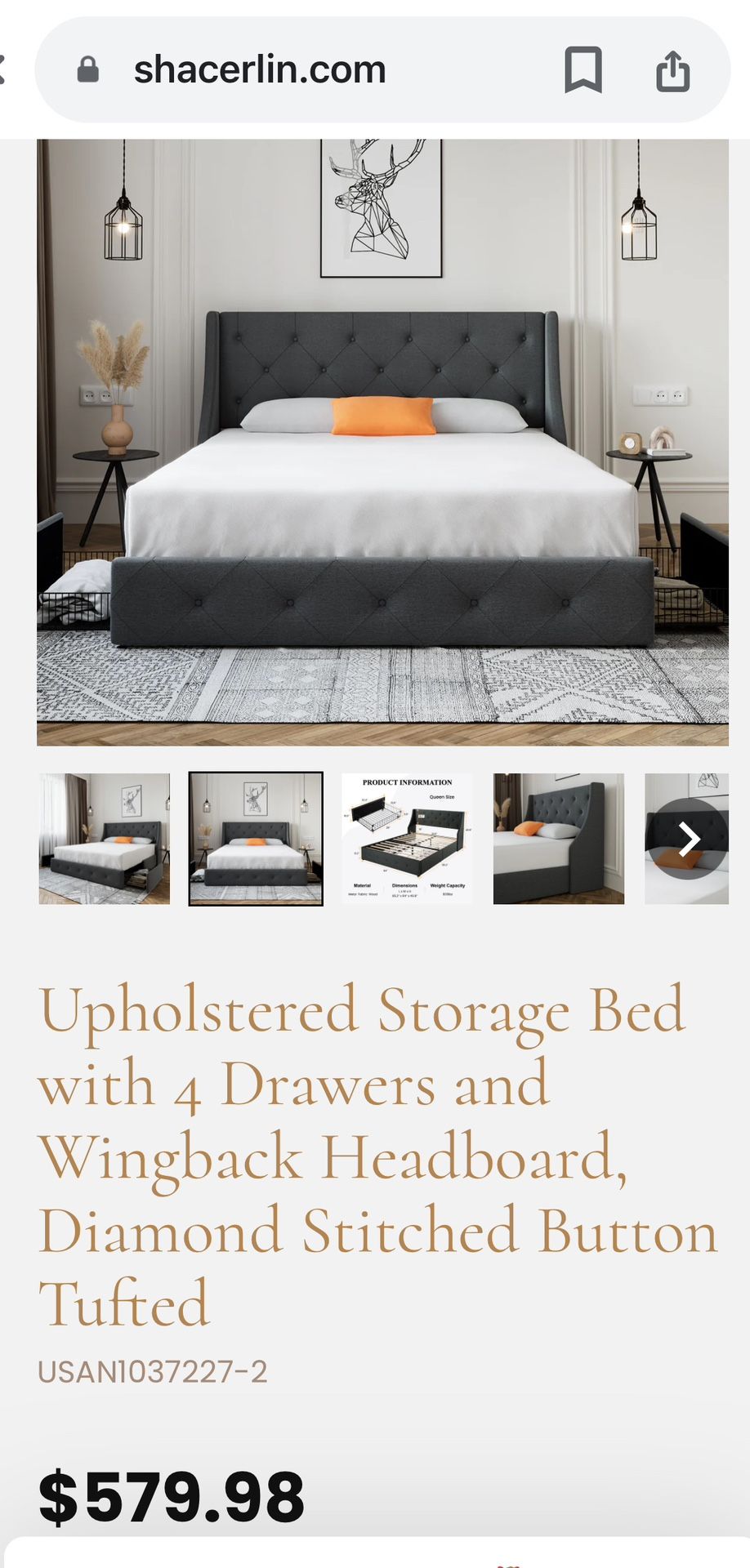 Upholstered Storage Bed with 4 Drawers and Wingback Headboard, Diamond Stitched Button Tufted Brand New in the Box