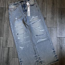 Purple “rhinestone” light blue jeans