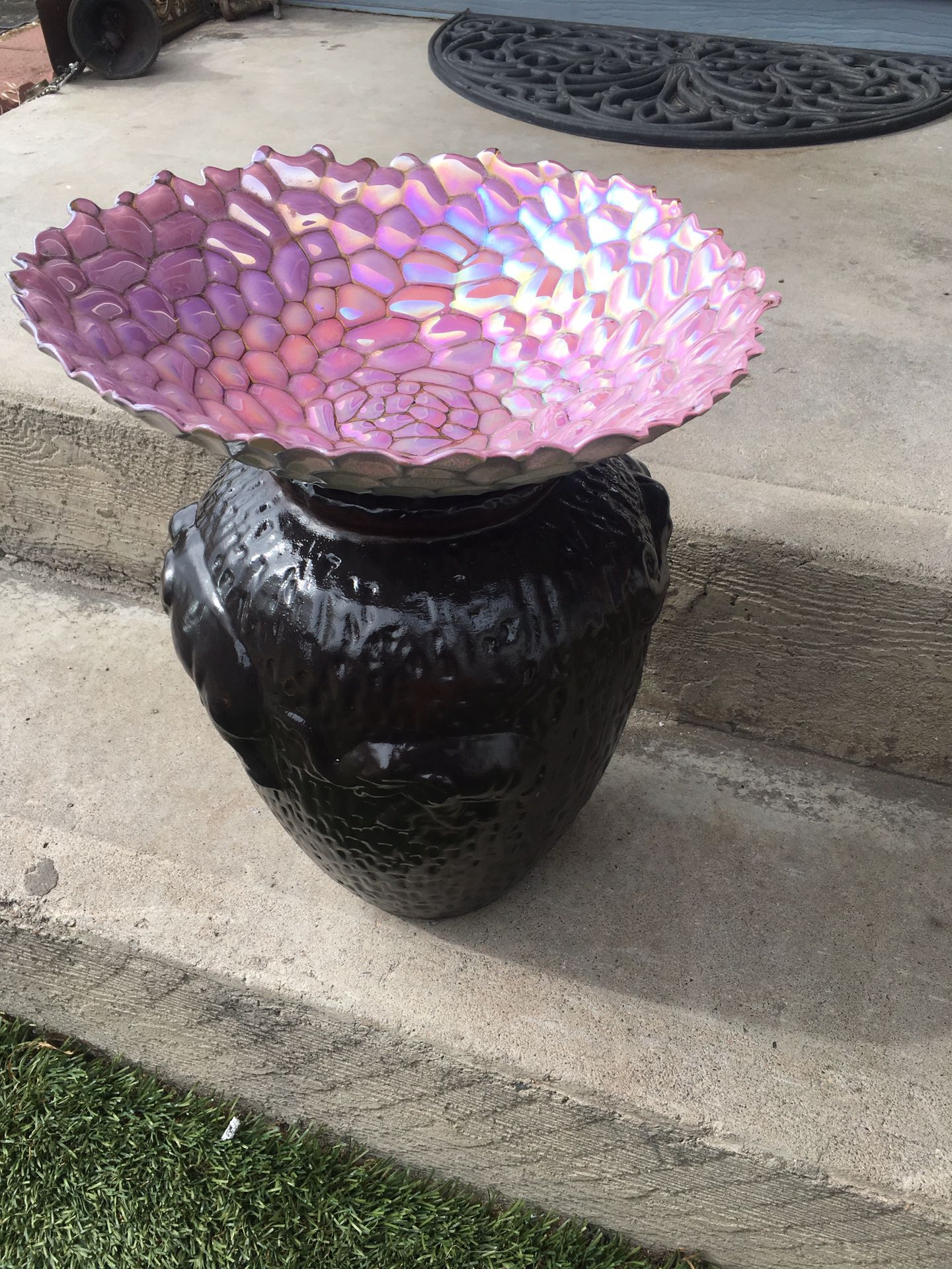 Bird Bath for your Spring Summer Garden! Plum colored bowl with Pottery base. Sweet!