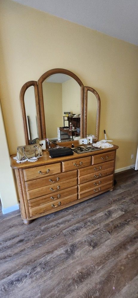 Solid Oak Dresser And Tri Mirror