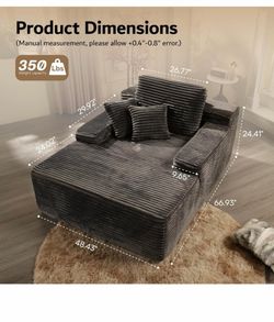 Gray Corduroy Oversized Chaise Lounge with Pillows