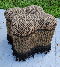 Vintage Quatrefoil Upholstered Ottoman / Footstool with Fringe Trim