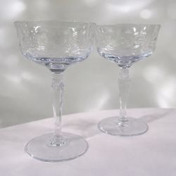 Vintage Etched Coupe Champagne Glasses Set 2 Faceted Stem 4.75”