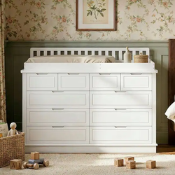 White 100% Pine Solid Wood 10 Drawer 55.1 in. Dresser without Mirror with Changing Table,Chest of Drawers,Accent Storage - White
