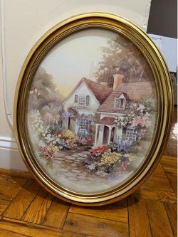 Vintage Home Interiors & Gifts Cottage Garden Oval Framed Print Gold Frame Cottagecore