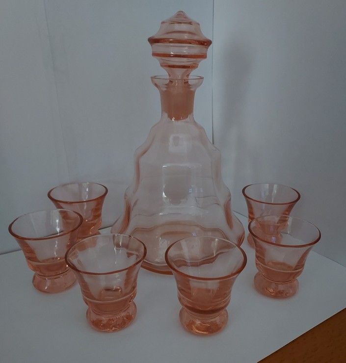 Vintage Pink Cordial Decanter and Glasses Set