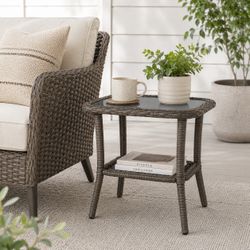Brand New Outdoor Wicker Side Table | Patio End Table with Glass Top